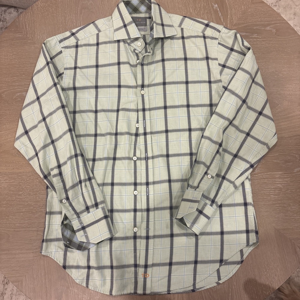 Thomas Dean Mens Small Green, Blue Plaid Cotton Long Sleeve Button Down Shirt